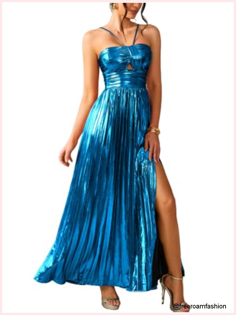 Metallic Prom Dress, Empire Waist Halter Formal Evening Gown